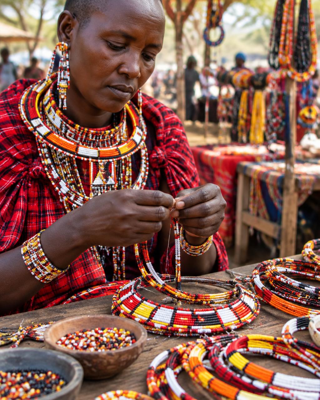 A Kenyan artisan stringing traditional Maasai beadwork at a market stall
